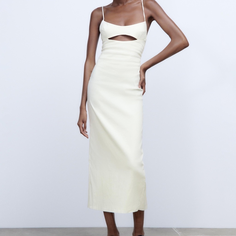 ZARA White Linen Blend Cut Out Midi Dress Medium